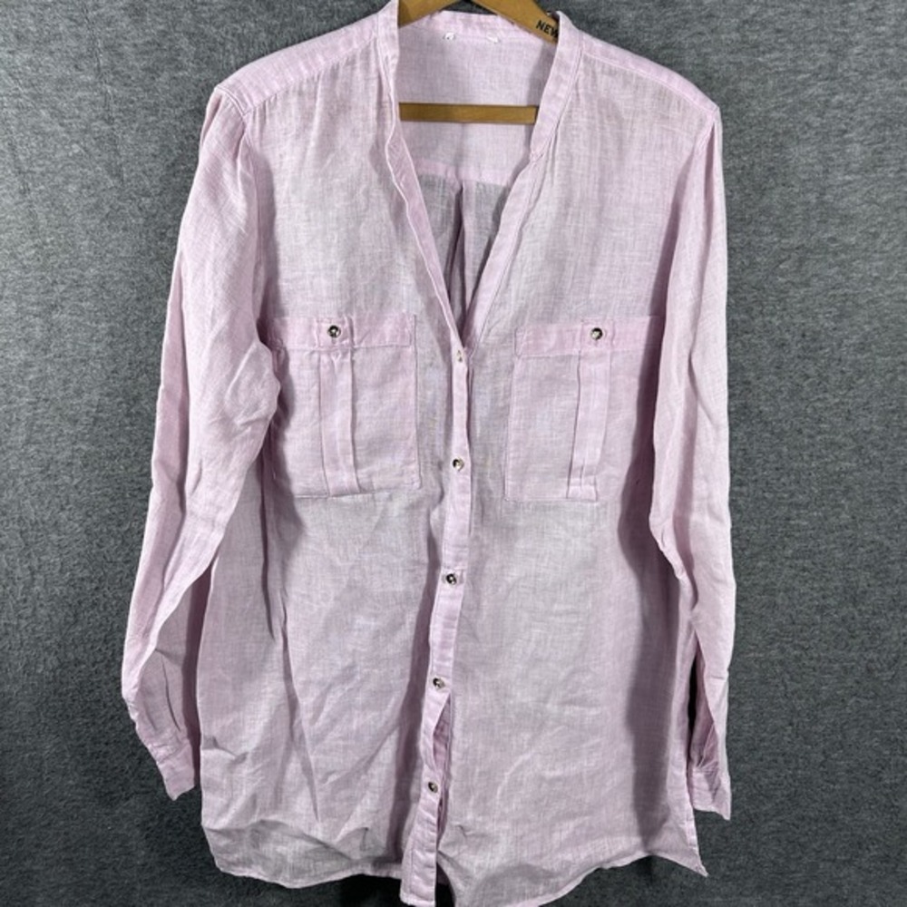 J. Jill Love Linen Pink Size‎ Medium Roll Tab Sleeve Gold Buttons Beach Resort